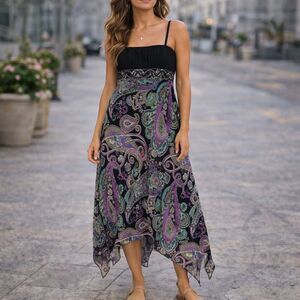 Paisley Handkerchief Hem Midi Dress Medium Spaghetti Strap Boho Chic Fairy Y2K